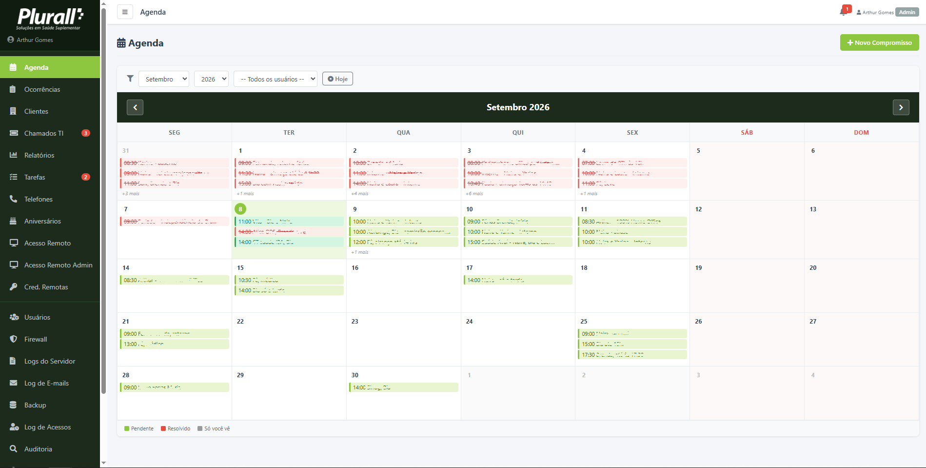Tela inicial de CRM Interno – Plurall (sistema interno) desenvolvido pela Dev Run