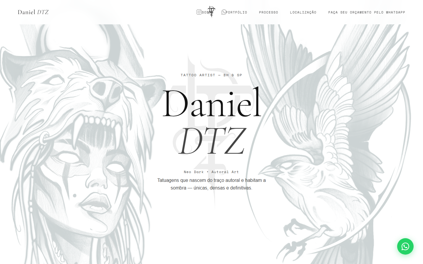 Tela inicial de Daniel DTZ – Tattoo Artist (site institucional) desenvolvido pela Dev Run