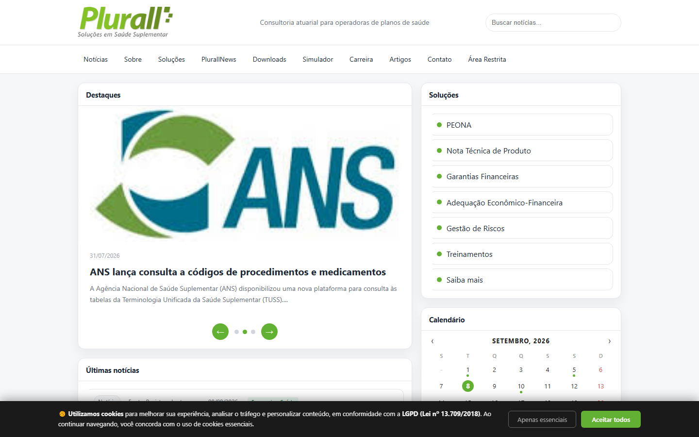 Tela inicial de Plurall – Saúde Suplementar (portal corporativo) desenvolvido pela Dev Run