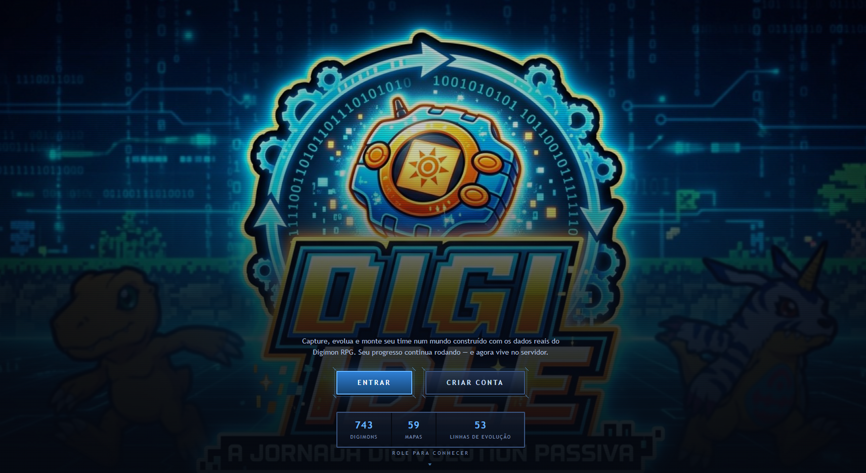 Tela inicial de DigiIdle – RPG Idle Online (jogo web) desenvolvido pela Dev Run